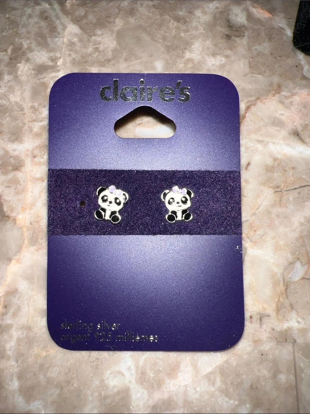 Claire's Silver Panda Stud Earrings with Purple Flower NWT